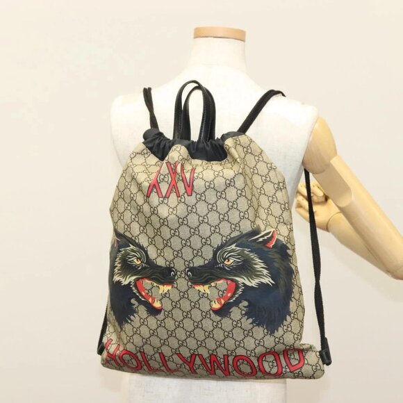 GUCCI GG Supreme Drawstring Backpack PVC Beige - Picture 1 of 16